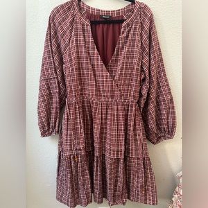 MADEWELL burgundy red checkered prairie long sleeve flowy mini dress womens M